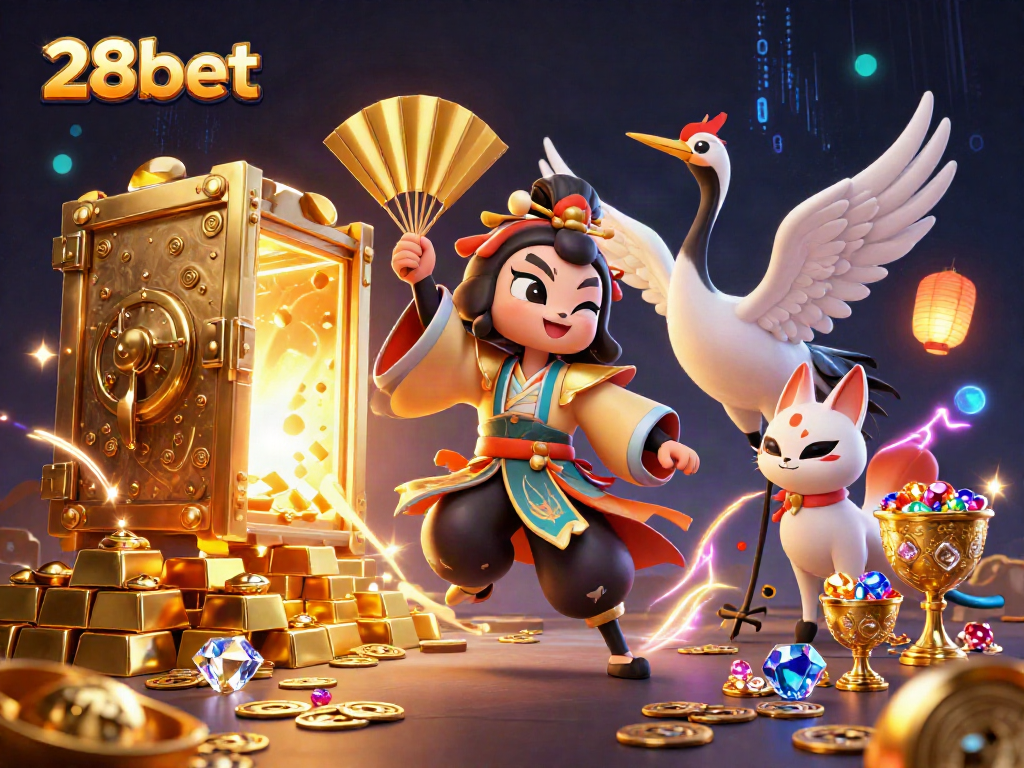 Engage in thrilling 28bet action with a vibrant illustrated scene of kabuki warriors and treasures.