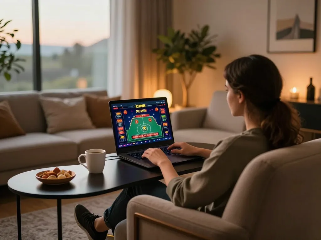 Kuwin's engaging online gaming setup with a player strategizing at a laptop featuring live dealer games.