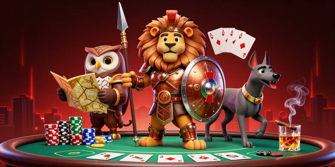 CICAKWIN showcases a dynamic poker scene with a Spartan lion, wise owl, and swift greyhound surrounded by vibrant gaming elements.