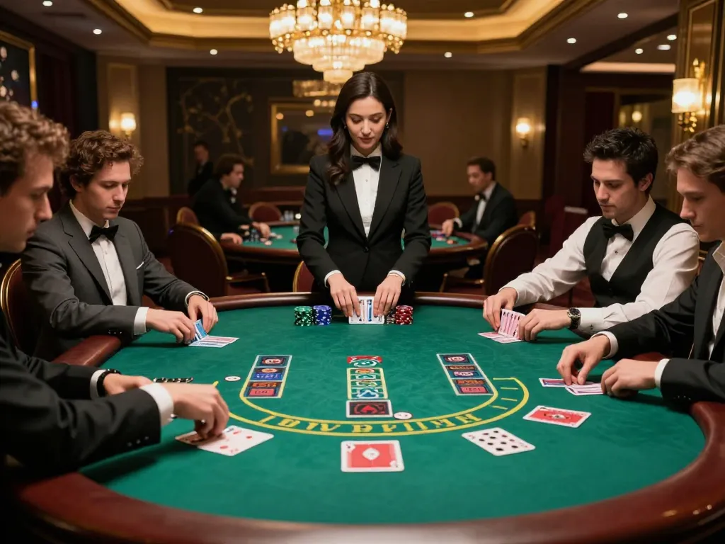 Engaged players at SC88's Power Blackjack table strategizing their bets in a vibrant casino atmosphere.