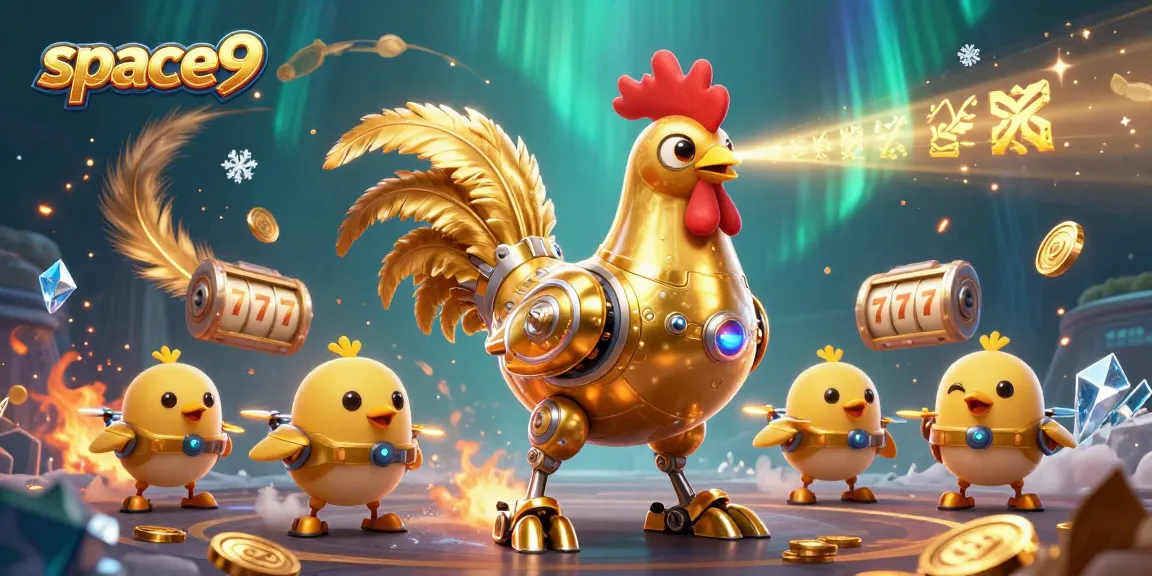 Win at Space9 Casino with the dynamic golden rooster robot and baby chick drones amid playful gaming elements.