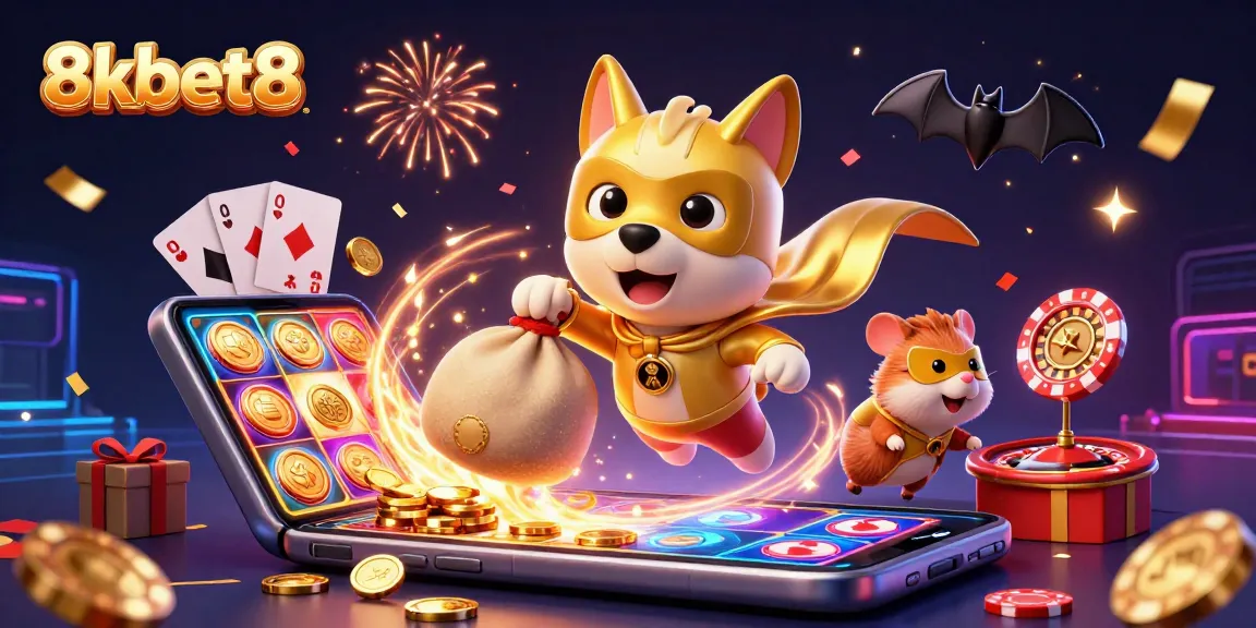 8kbet8 Superhero dog and sidekick celebrate wins with slot games and poker chips in vibrant illustration
