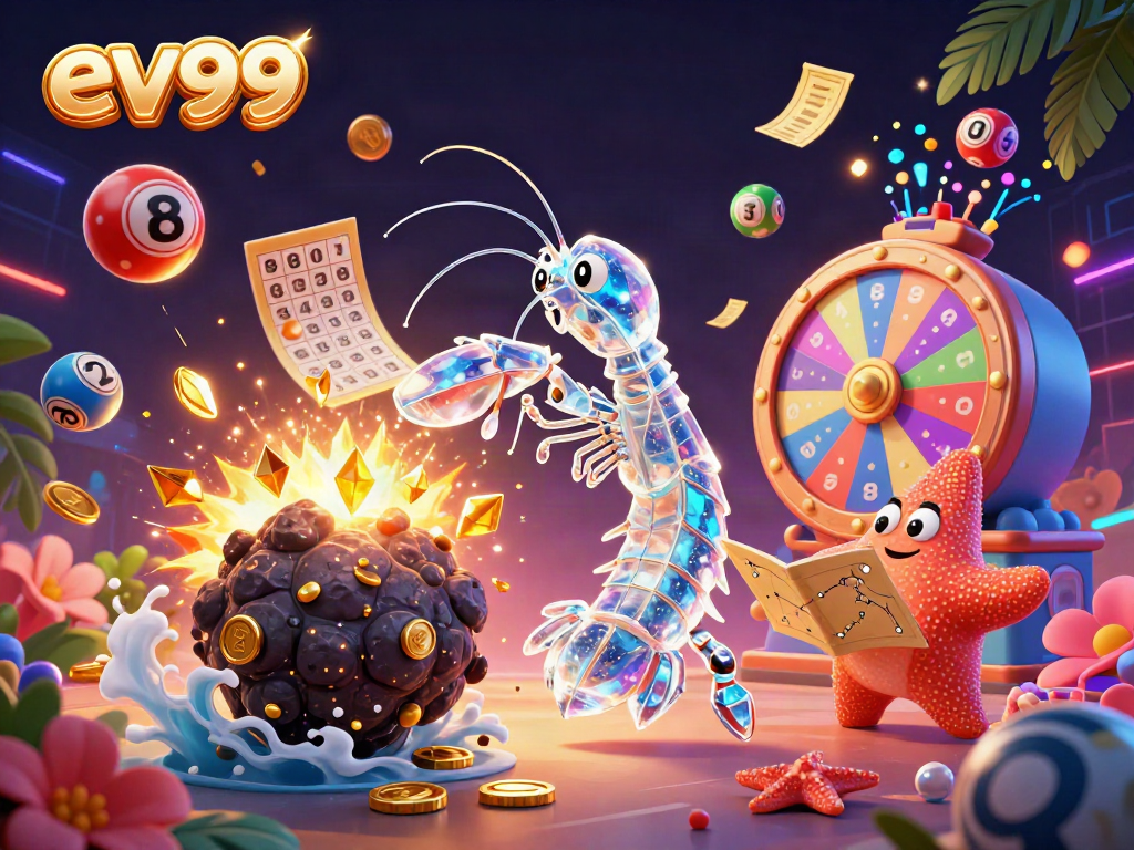 Experience the thrilling excitement of ev99 with a vibrant scene of a galactic samurai mantis shrimp and dynamic lottery elements.