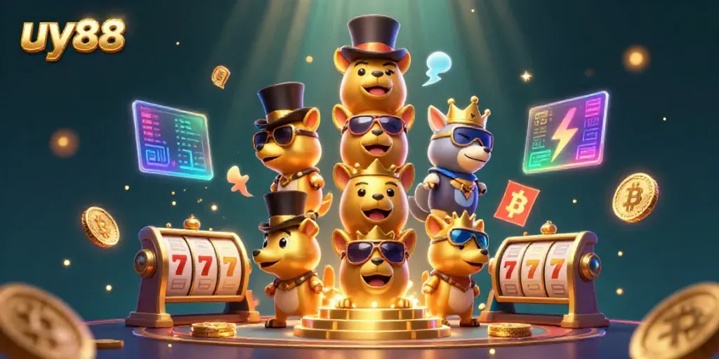 Engage in thrilling games at uy88 with vibrant totem poles and glowing cryptocurrency elements, perfect for online betting.