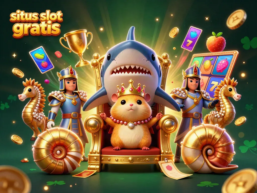 Experience the thrill of situs slot gratis with a golden hamster king atop a megalodon throne surrounded by vibrant slot elements.