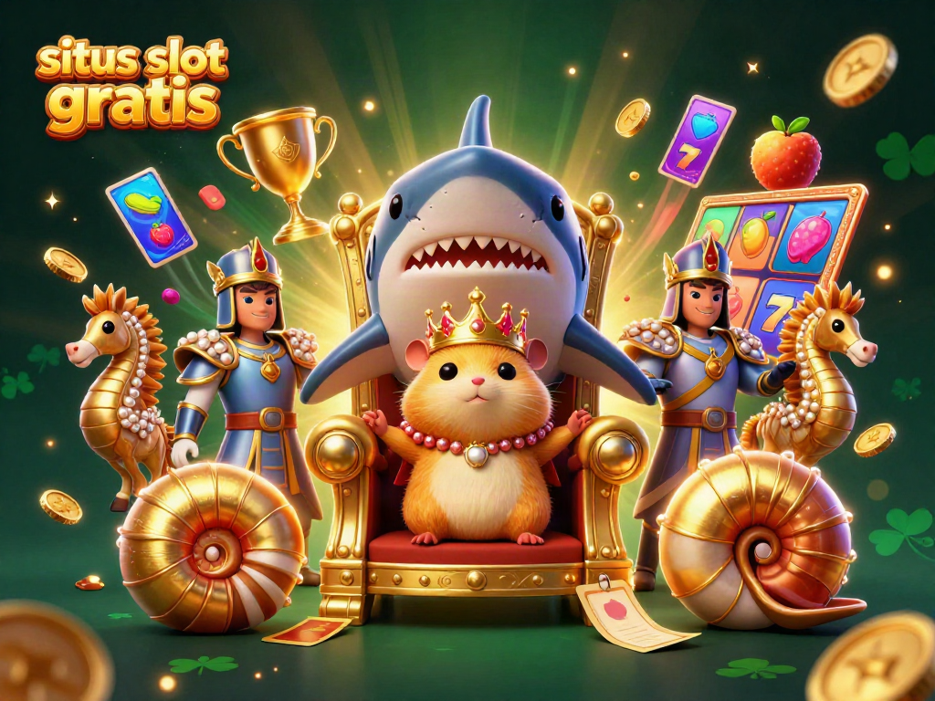 Experience the thrill of situs slot gratis with a golden hamster king atop a megalodon throne surrounded by vibrant slot elements.