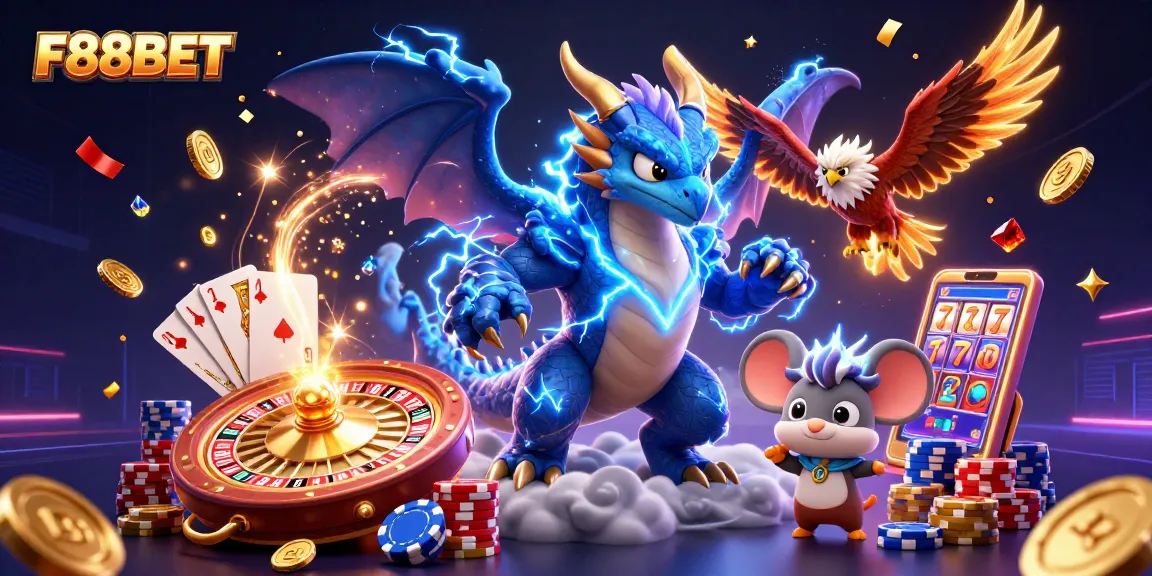 Play thrilling games at F88BET with an exciting scene featuring dynamic casino elements and characters.