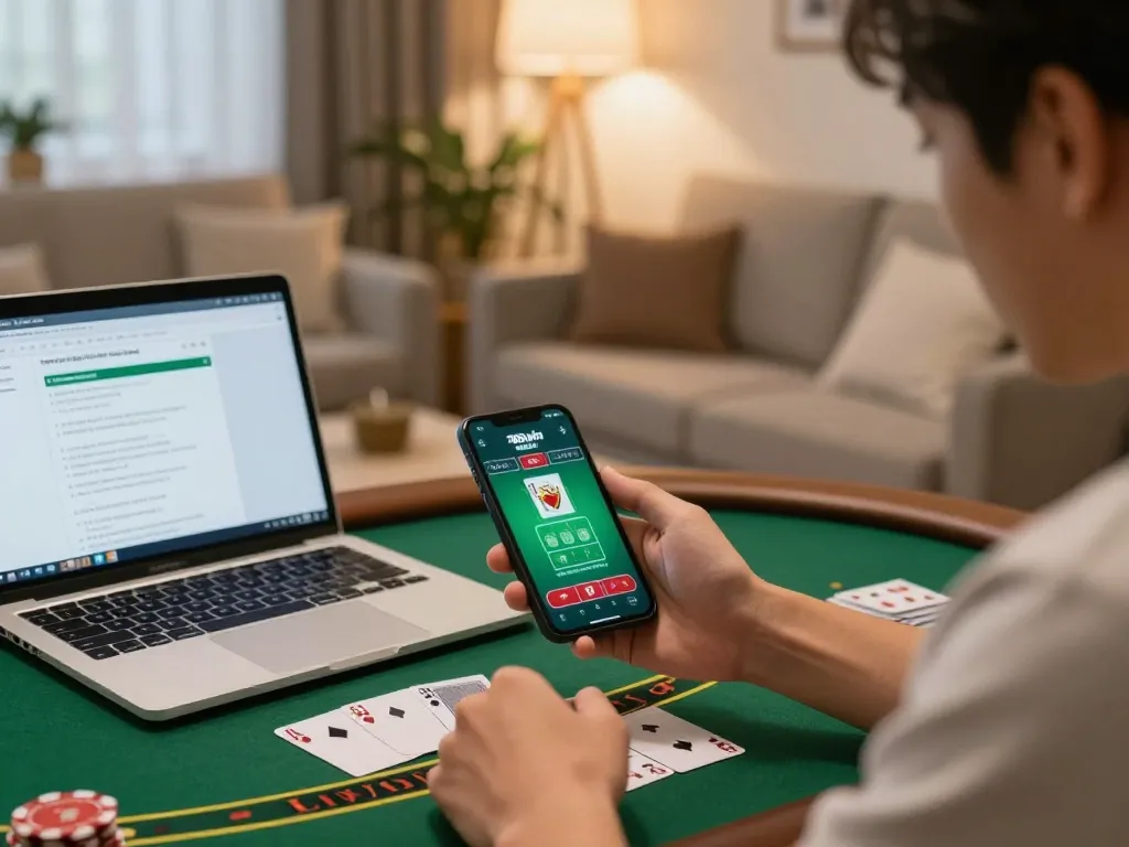 Player engaging with the 789win 37 mobile app for blackjack in a cozy home setting.