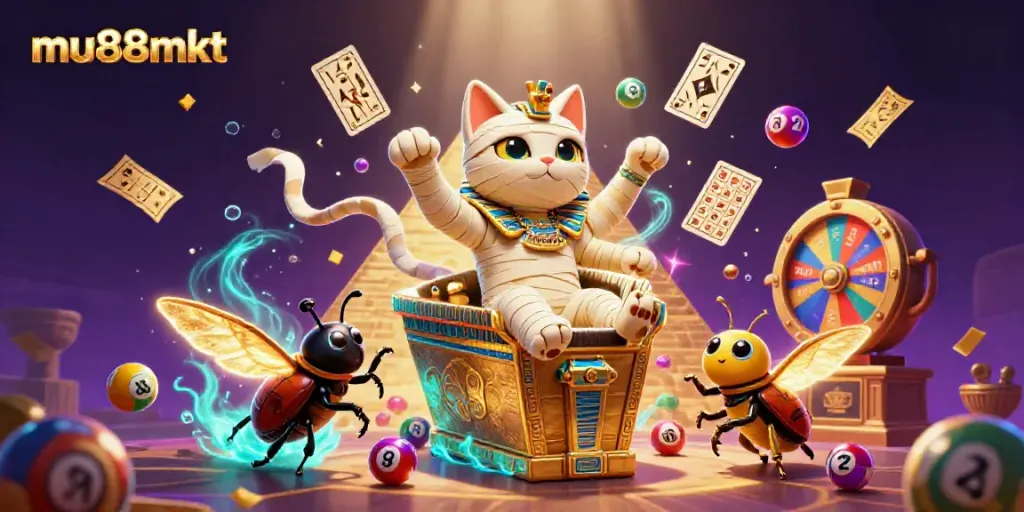 Experience the magic of mu88mkt with a dynamic scene of a mummy cat casino adventure.
