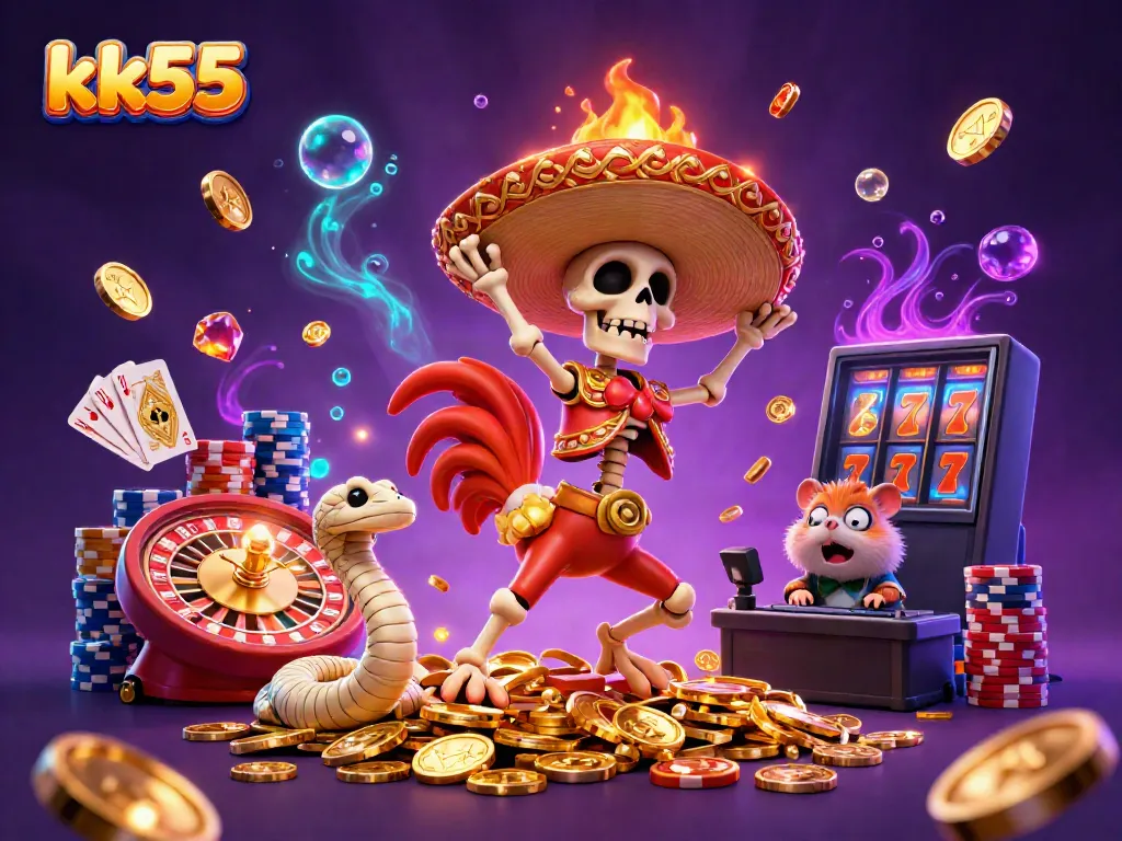 Experience a thrilling kk55 casino scene with a victorious skeleton rooster amidst dynamic gaming elements