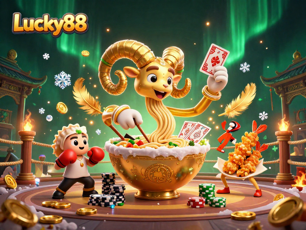 Lucky88 presents a vibrant 3D scene with a golden ramen bowl dealing cards, amidst a dynamic casino atmosphere.