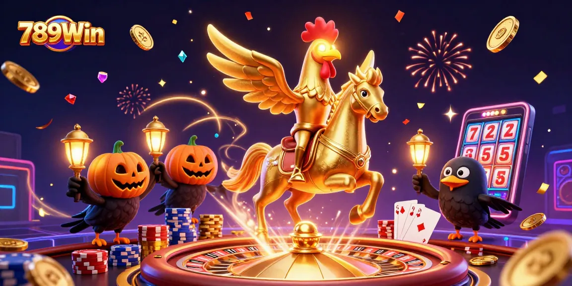 Experience the excitement of 789Win with a vibrant 3D casino scene featuring golden rooster characters amidst flying coins and sparkling gems.