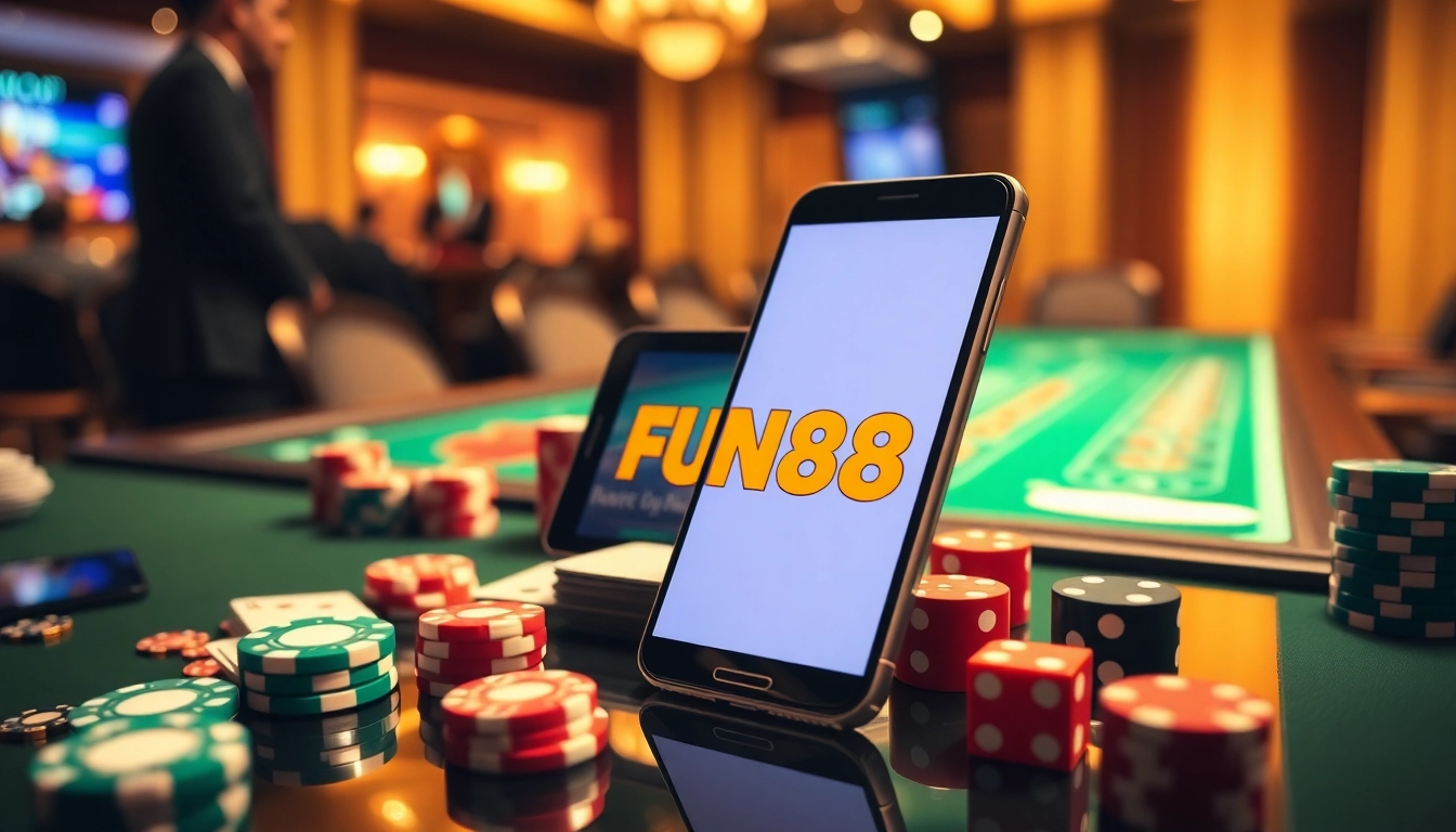 Experience thrilling gaming with the FUN88 app amidst casino visuals of poker chips and cards.
