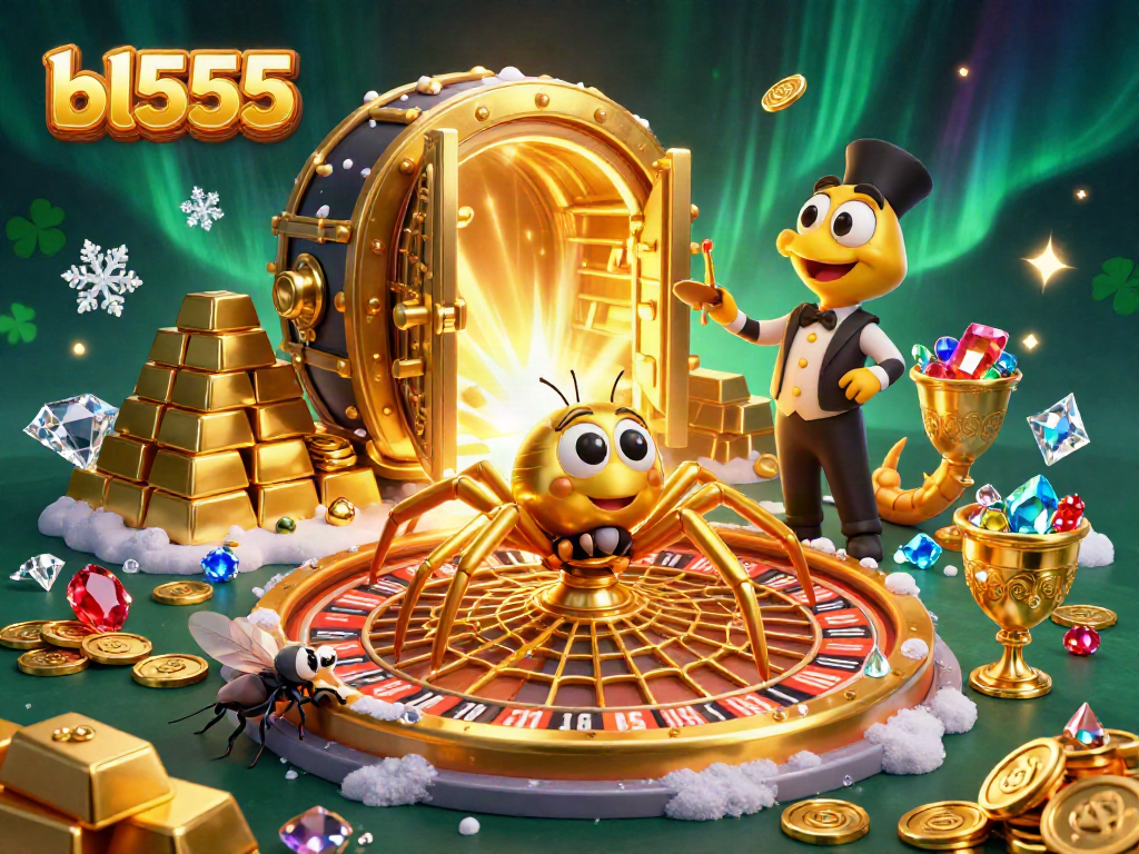 Experience the thrill of bl555 with a 3D illustration of a golden roulette spider and betting fly.