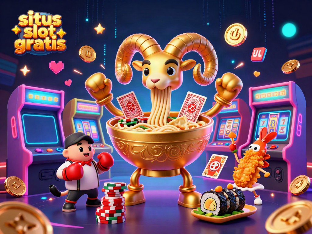 Play exciting slots with a giant ramen bowl character in an action-packed scene, exploring situs slot gratis.