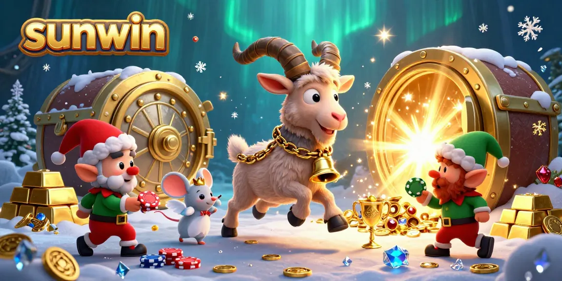 Play exciting games at sunwin with festive Krampus and mischievous elves in a lively casino scene.