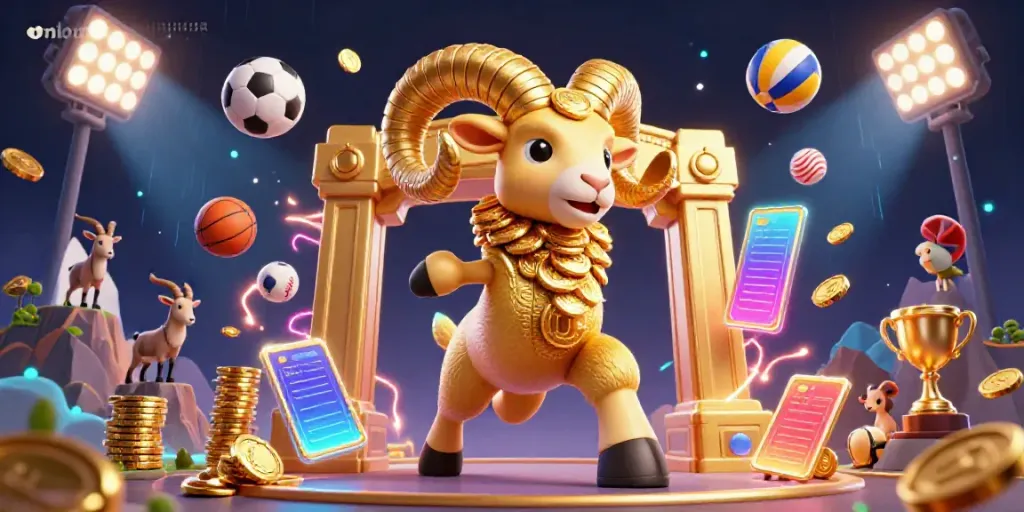 Win big at mloto188 with a dynamic casino scene featuring golden ram and sports elements.