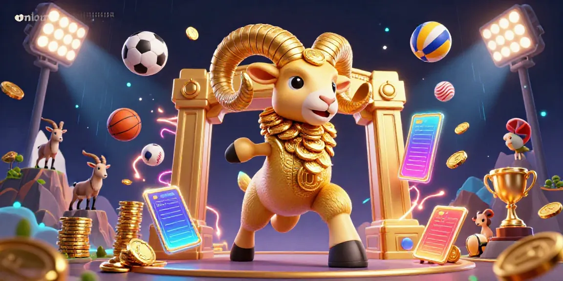 Win big at mloto188 with a dynamic casino scene featuring golden ram and sports elements.