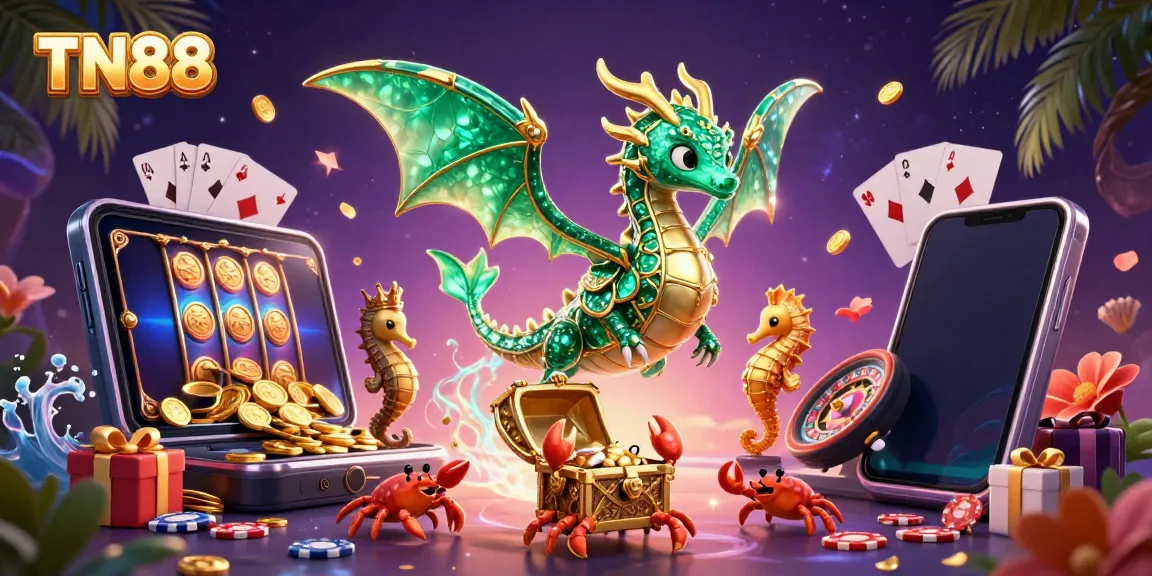 Experience the vibrant world of TN88 online casino with an enchanting sea dragon and dynamic slot game elements.