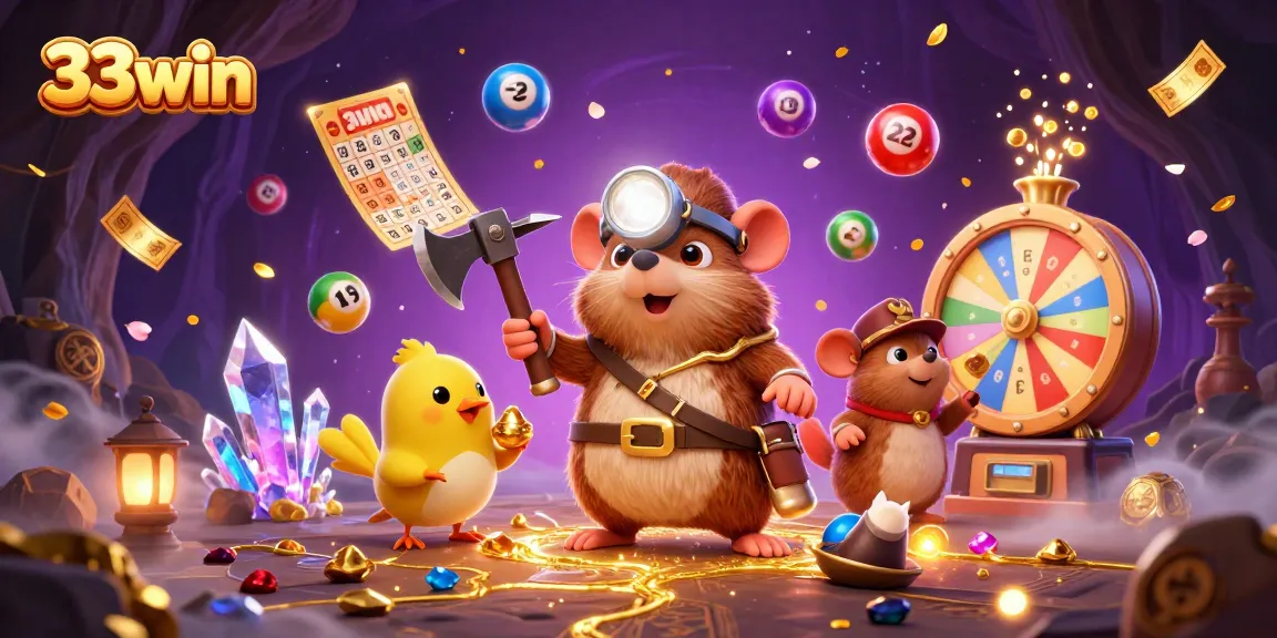 Engage in thrilling gaming adventures with 33win's vibrant casino illustration full of gems and gold.