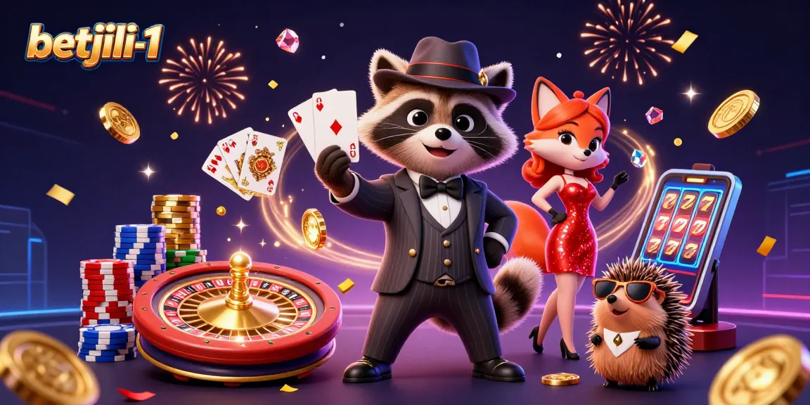 Betjili-1 showcases a vibrant online casino scene with a raccoon in a suit and fox lady betting joyfully.