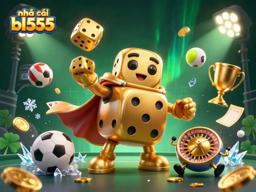 Engage with the excitement of nhà cái bl555 featuring a golden dice golem in a vivid casino scene.