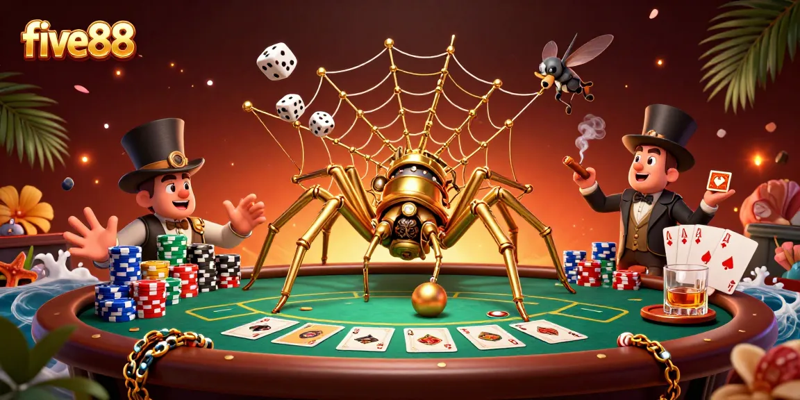Engage with five88 as a steampunk spider captures dice in a vibrant casino scene.