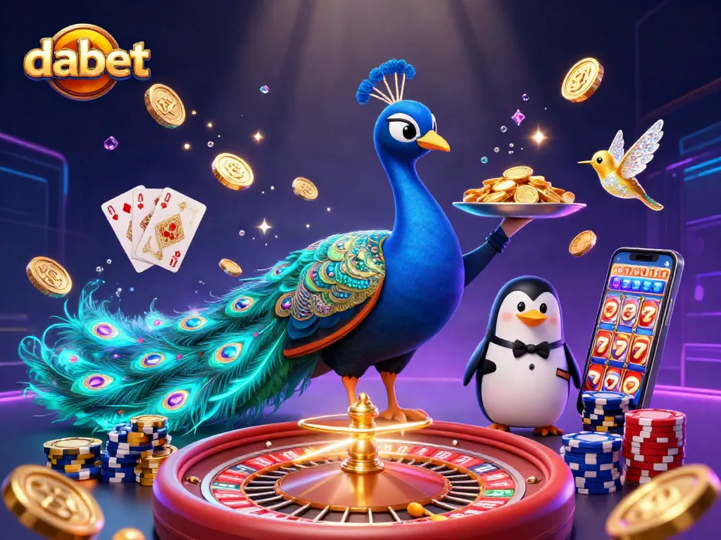 Dabet’s vibrant casino scene showcases an aristocratic peacock and butler penguin amidst sparkling wins.