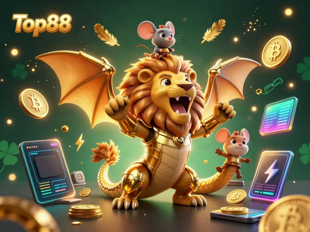 Top88 casino scene showcasing a powerful chimera and mouse jockey amid vibrant crypto symbols and particles.
