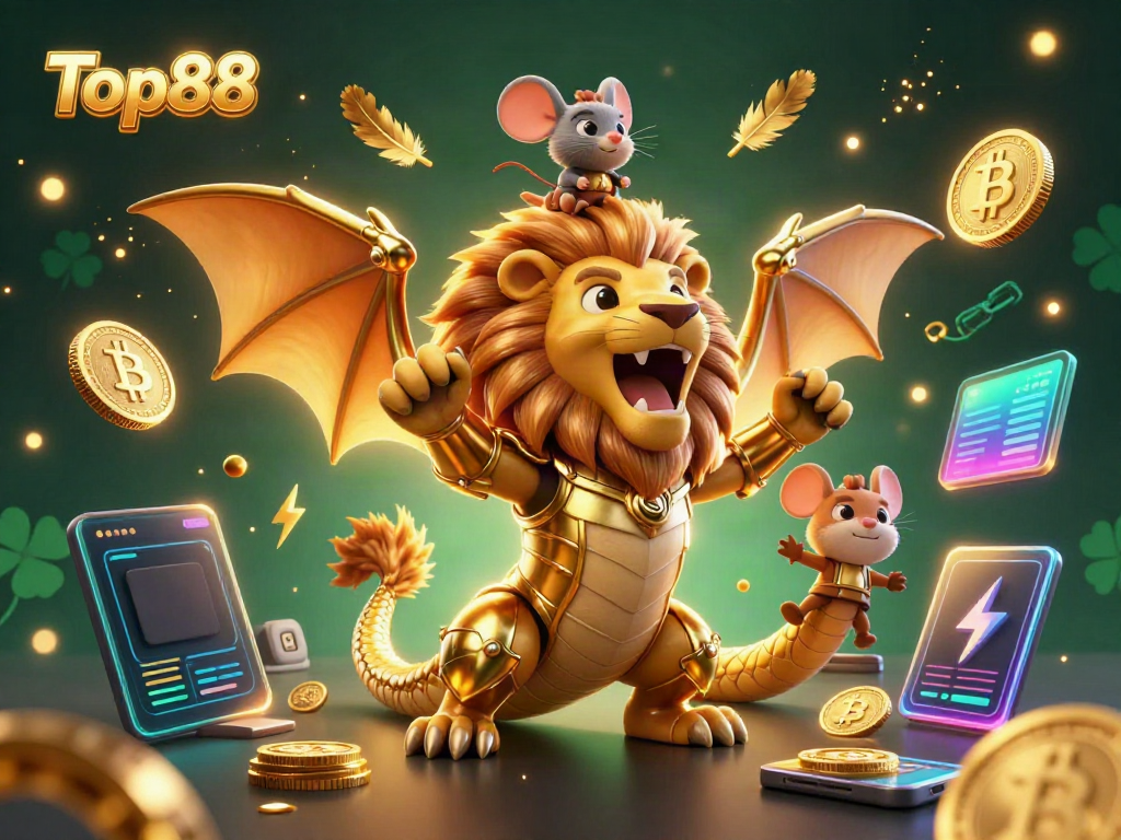 Top88 casino scene showcasing a powerful chimera and mouse jockey amid vibrant crypto symbols and particles.