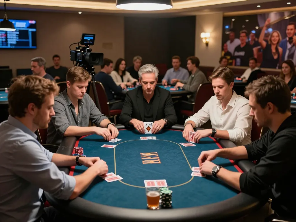 Players at LLWIN studying their cards during an intense poker game in an elegant setting.