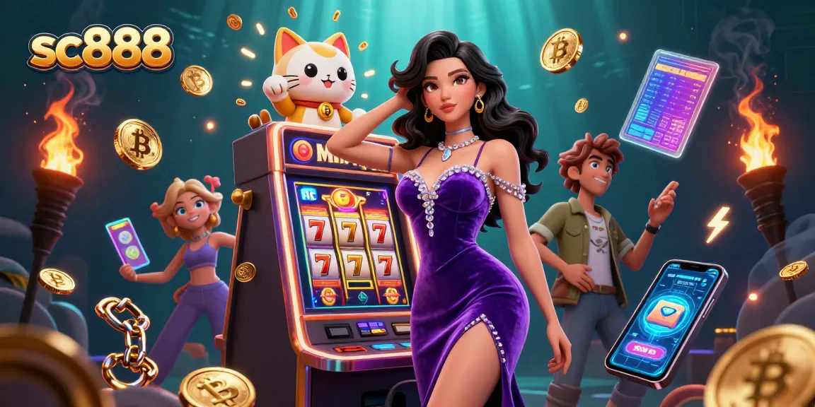 Engage with sc888's vibrant casino world featuring a glamorous woman celebrating a jackpot alongside a fortune cat.