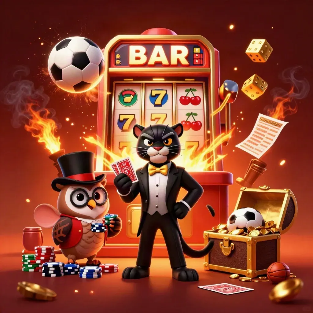Panther, owl, and mouse amid a bursting slot machine and flying soccer ball, in neon casino light.