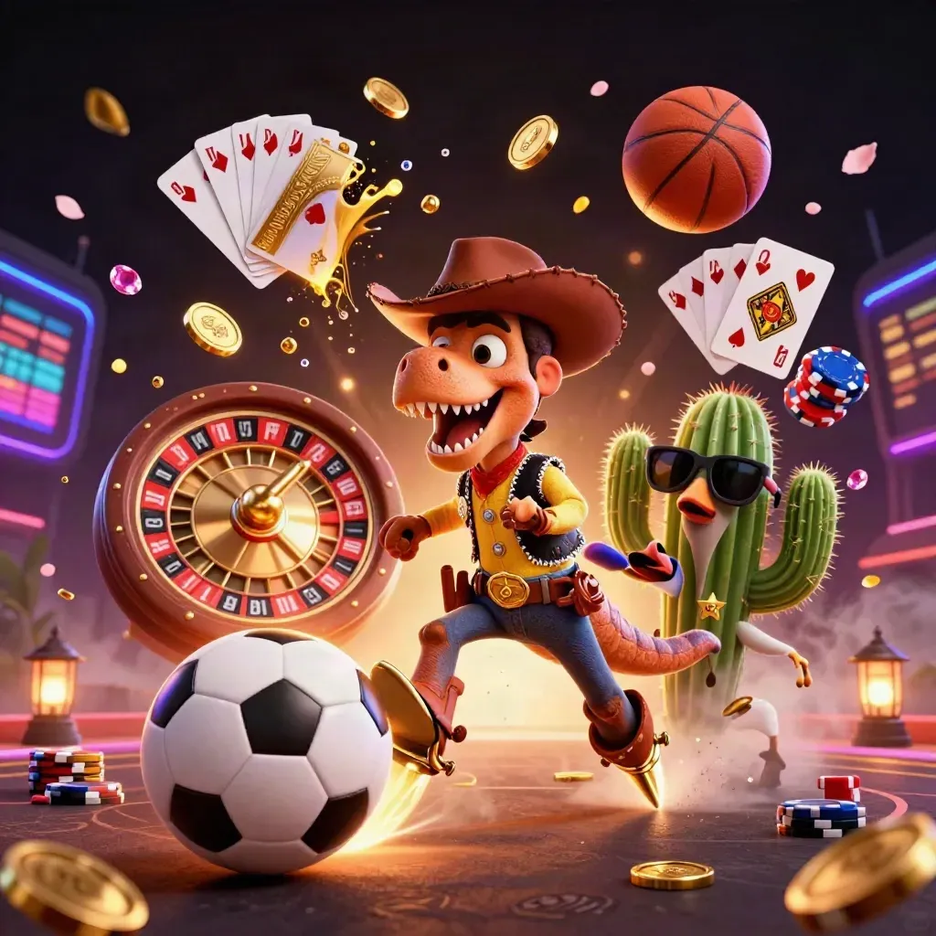 Cowboy T-Rex, cactus, and roadrunner burst around a flying soccer ball amid casino loot and neon glow