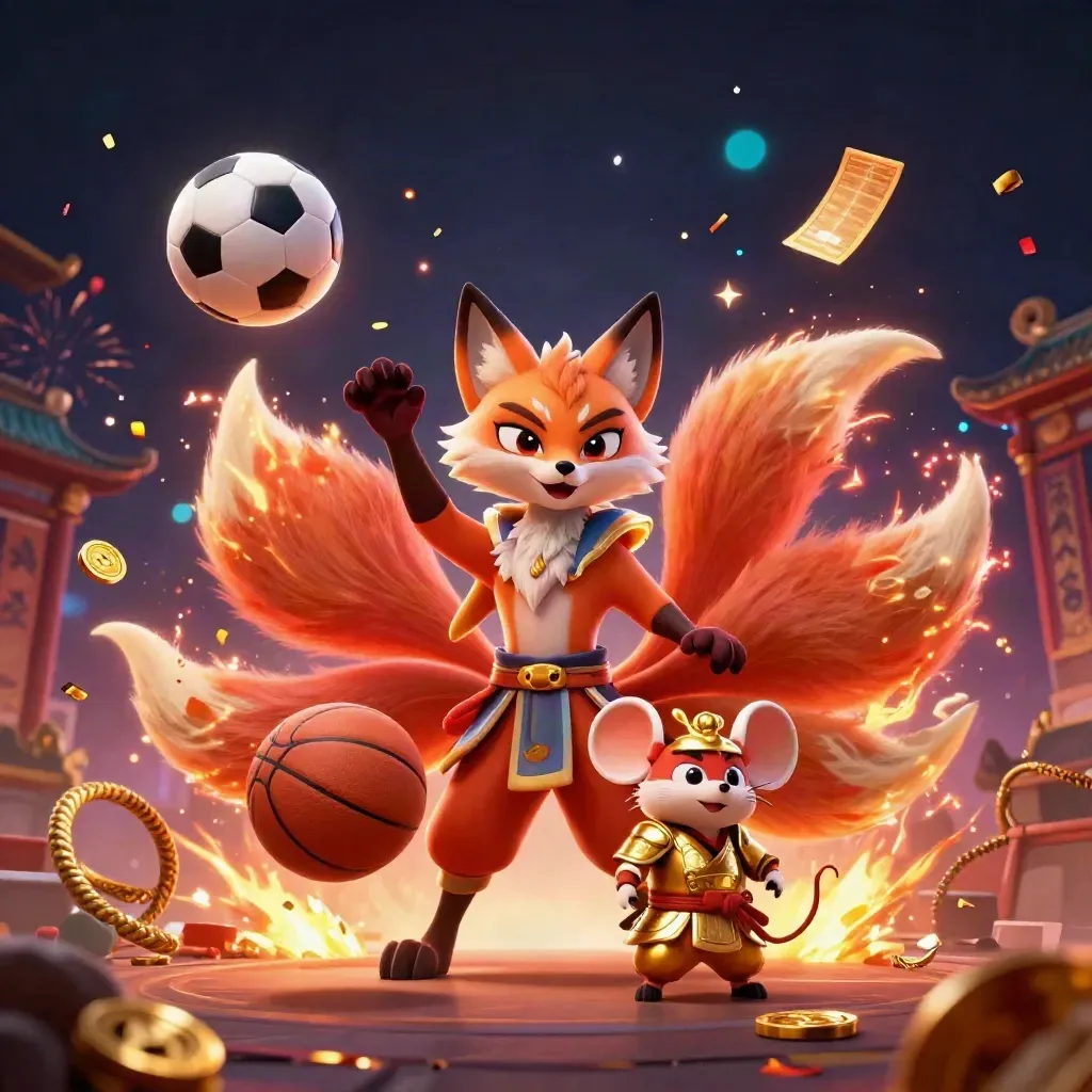 Neon fox spirit and samurai mouse amid exploding basketball magic, coins, and light.