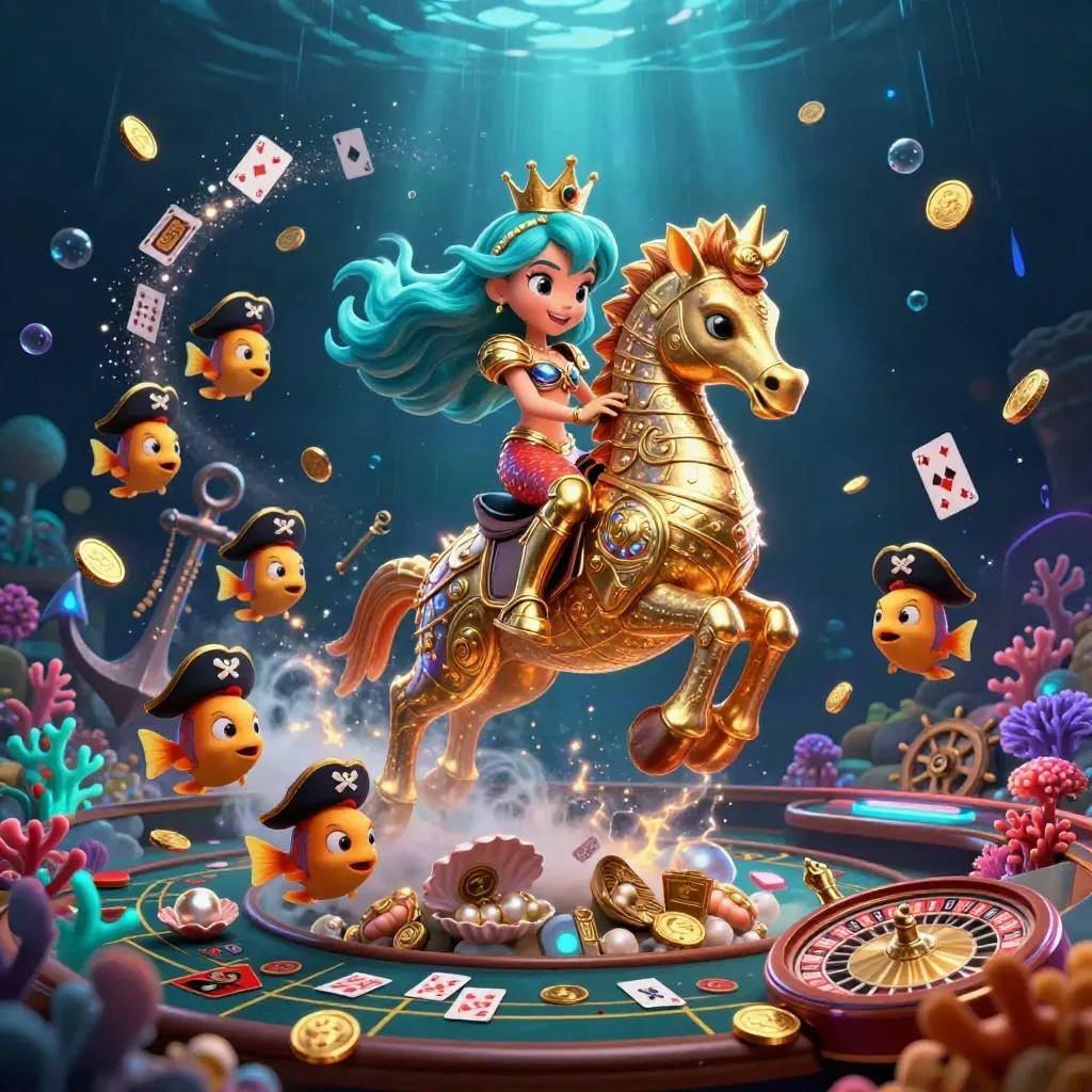 Mermaid princess on armored seahorse amid treasure, coral, cards, and neon casino glow.