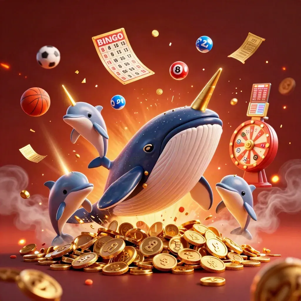 Whale captain, narwhal, and dolphins burst through coins with casino props and neon ember glow.