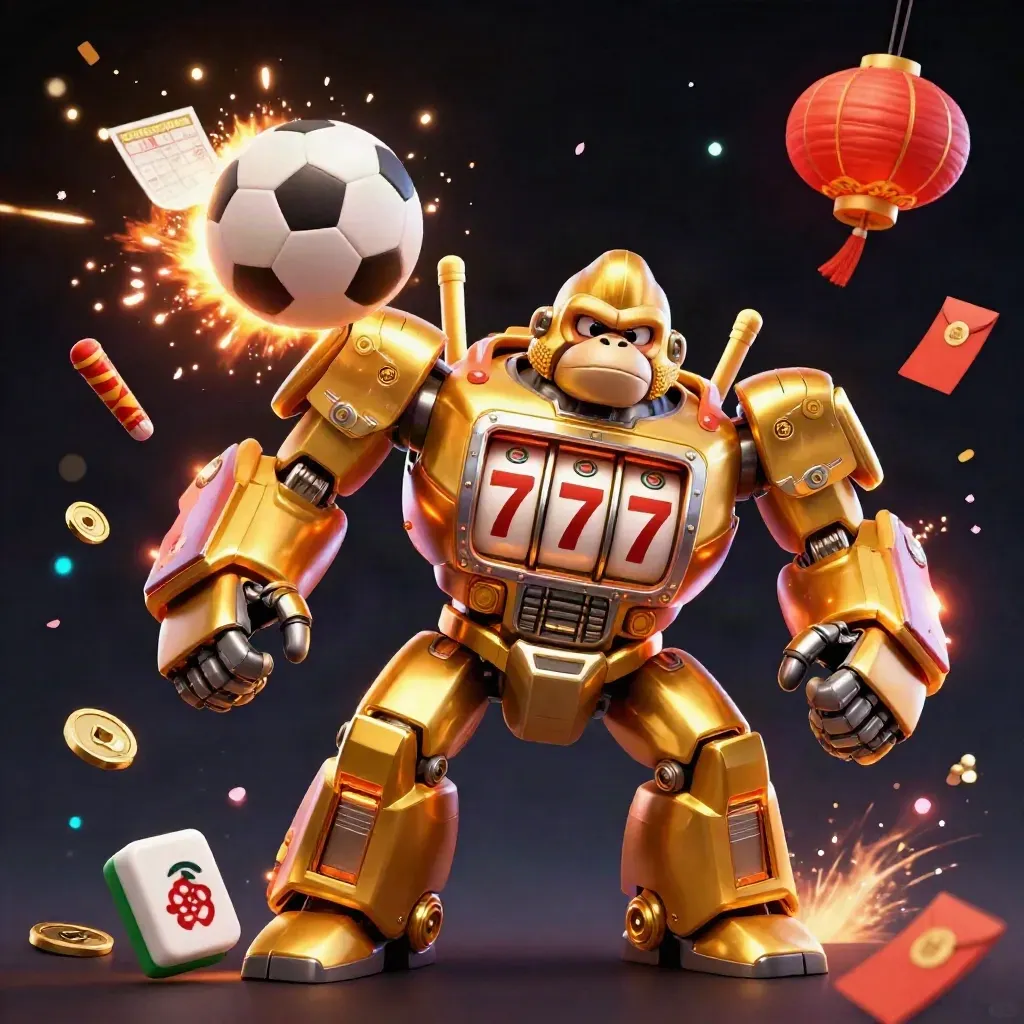 Golden gorilla mech mid-leap amid sports balls, casino charms, and neon energy on a dark backdrop