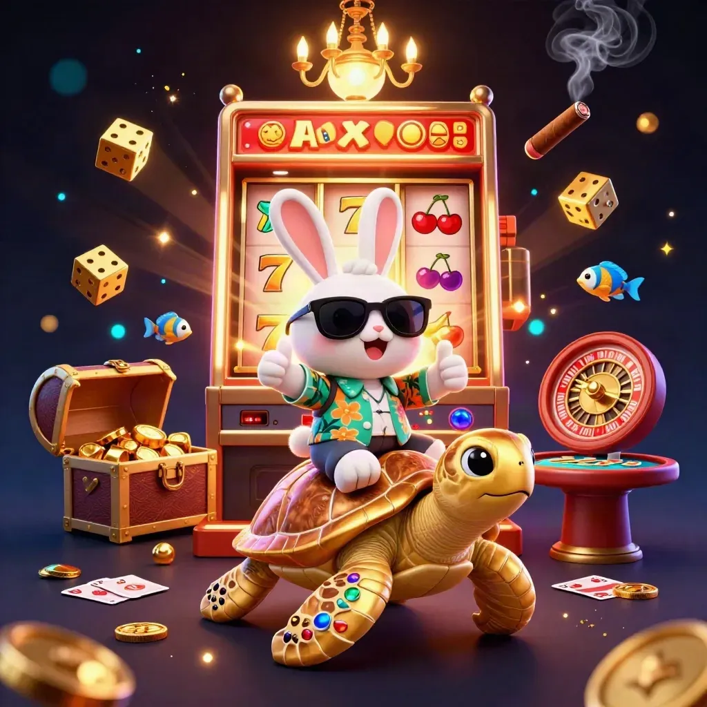 Lucky rabbit rides a golden sea turtle in a neon casino burst with slots, dice, and treasure.