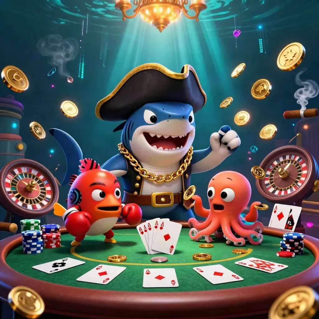 Pirate shark, pufferfish, and octopus at a neon casino table with gold coins and glowing cards.
