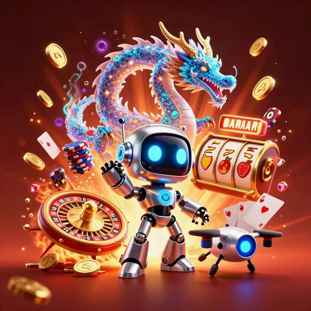 Cyberpunk robot, hologram dragon and coin drone amid coins, cards, chips and fiery casino glow.
