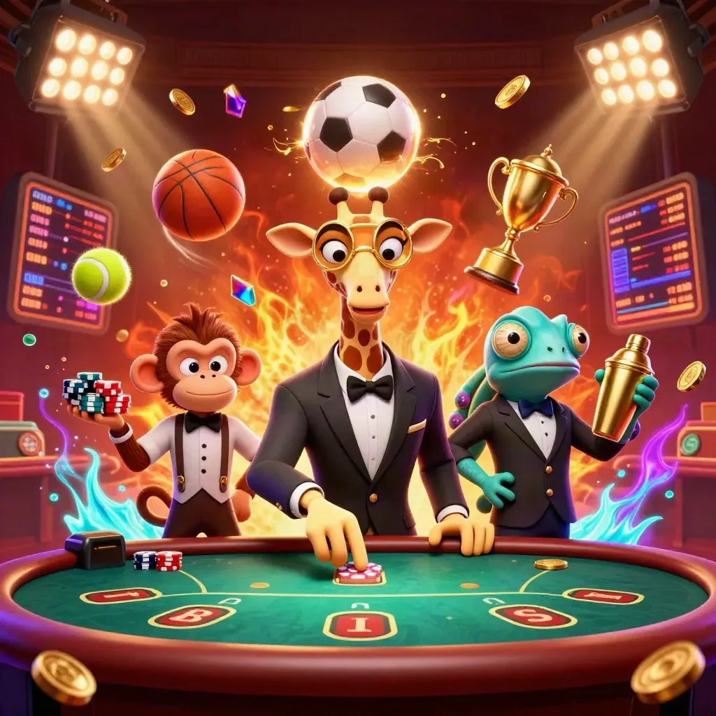 Neon giraffe, monkey, and chameleon at a VIP table with flying balls, trophy, coins, and red-gold glow.