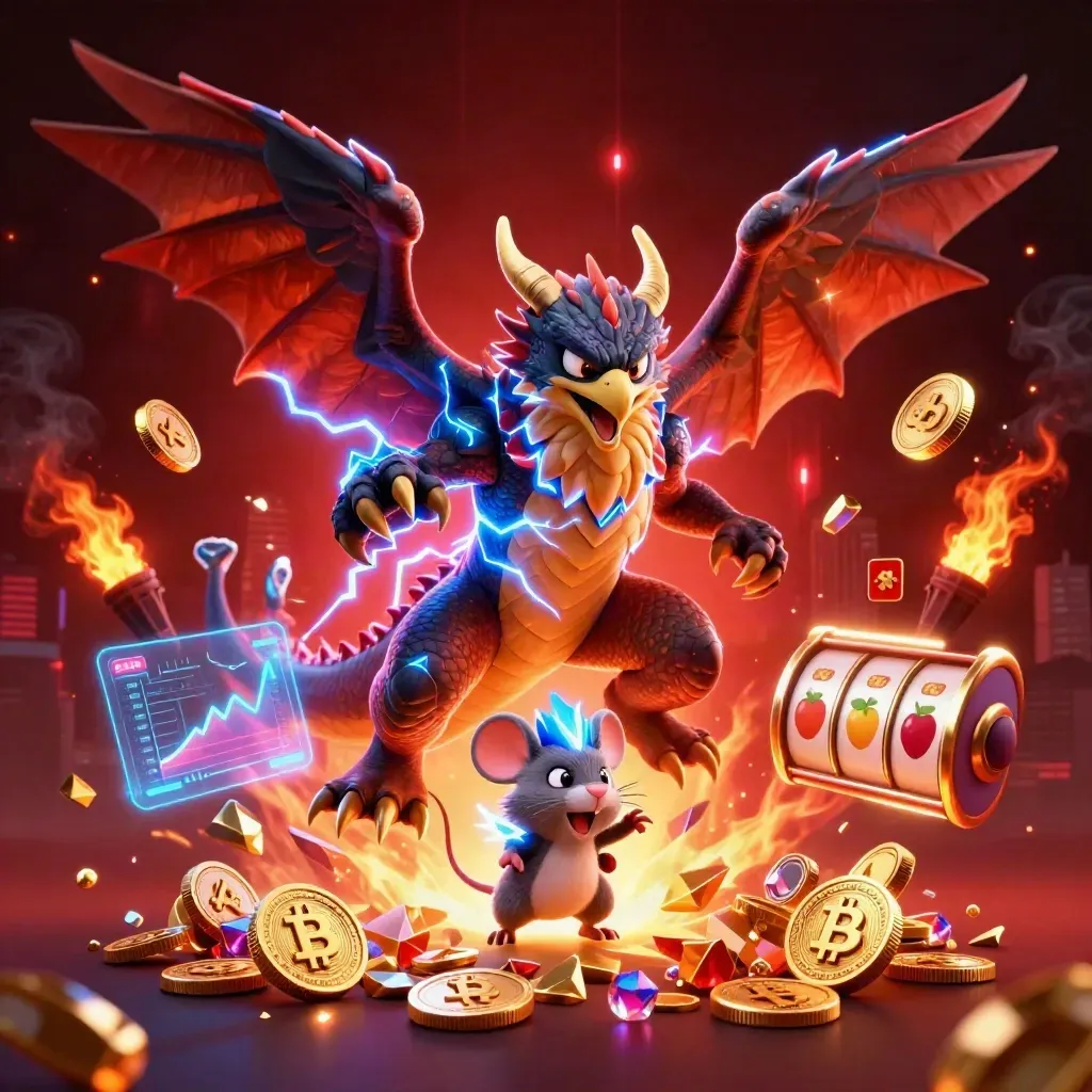 Thunder dragon, wind hawk and static mouse amid coins, lightning, embers and red neon.