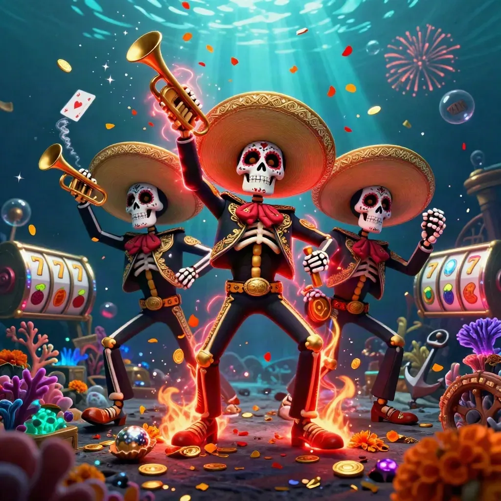 Three skeleton mariachi heroes in an underwater treasure cove with coins, coral, and glowing casino effects.