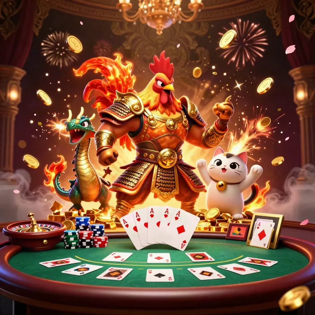 Rooster warrior, spark-breathing dragon hatchling and fortune cat amid casino coins, cards and fireworks
