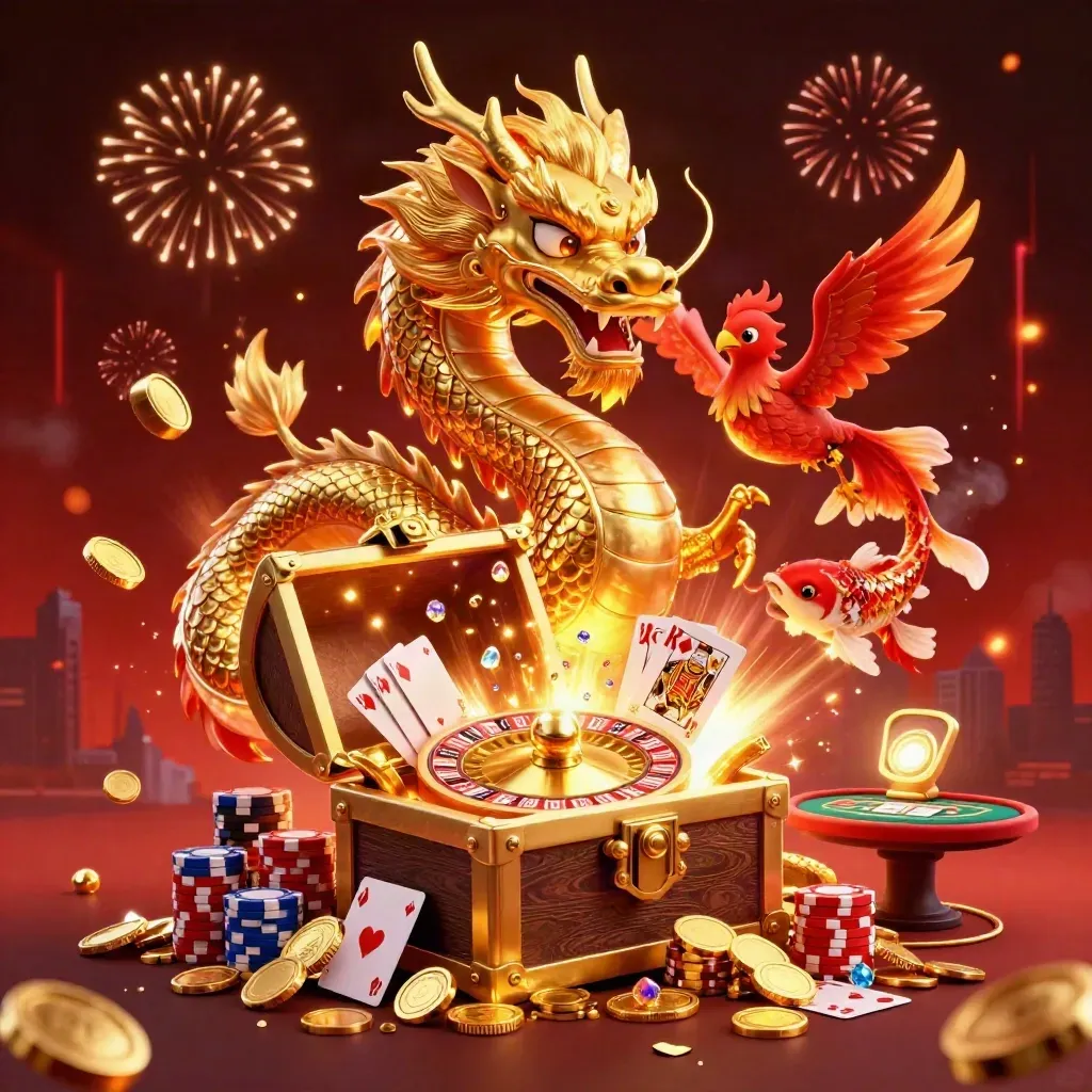Golden dragon, phoenix, and koi erupting with coins, cards, chips, and fireworks in a luxe casino scene.