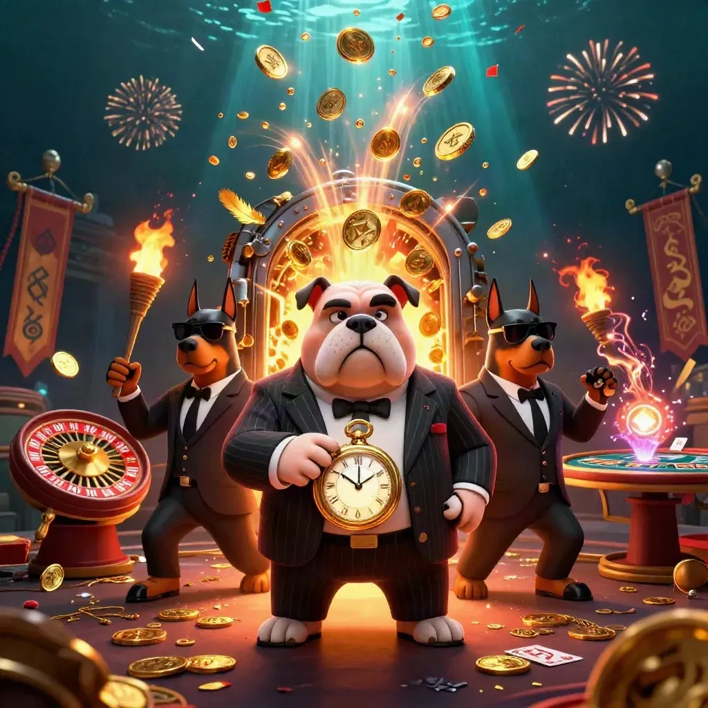 Bulldog mob boss and two Dobermans amid coins, flames, fireworks, roulette wheel and cards.