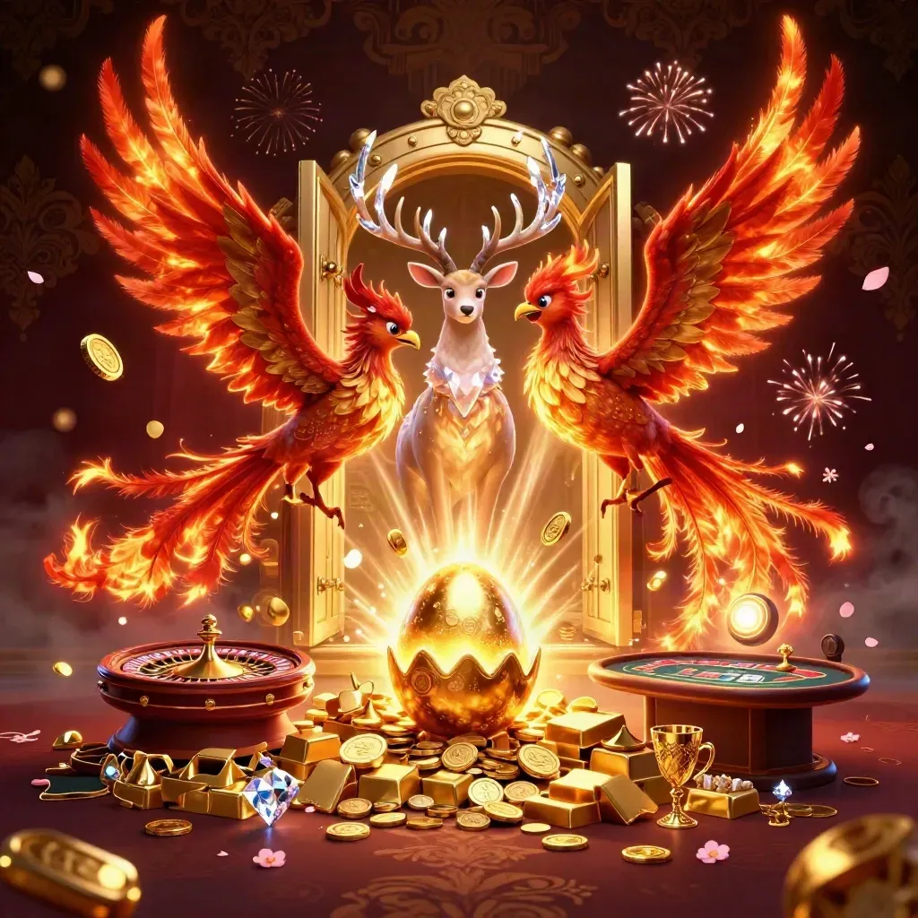 Fire phoenix, baby phoenix, and crystal stag erupt from a vault with gold, gems, and casino lights.