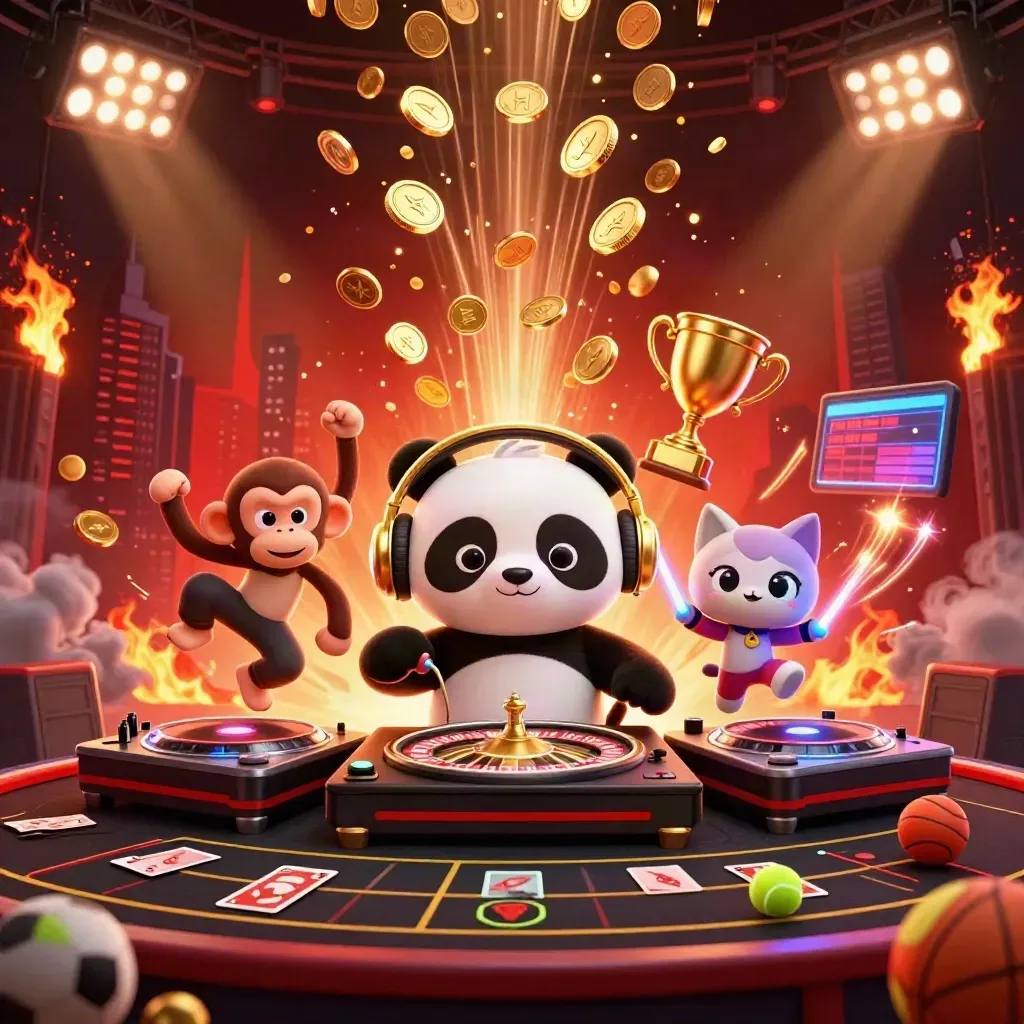 Panda DJ, dancing monkey, and glow-stick kitten in a neon casino burst with coins and trophy.