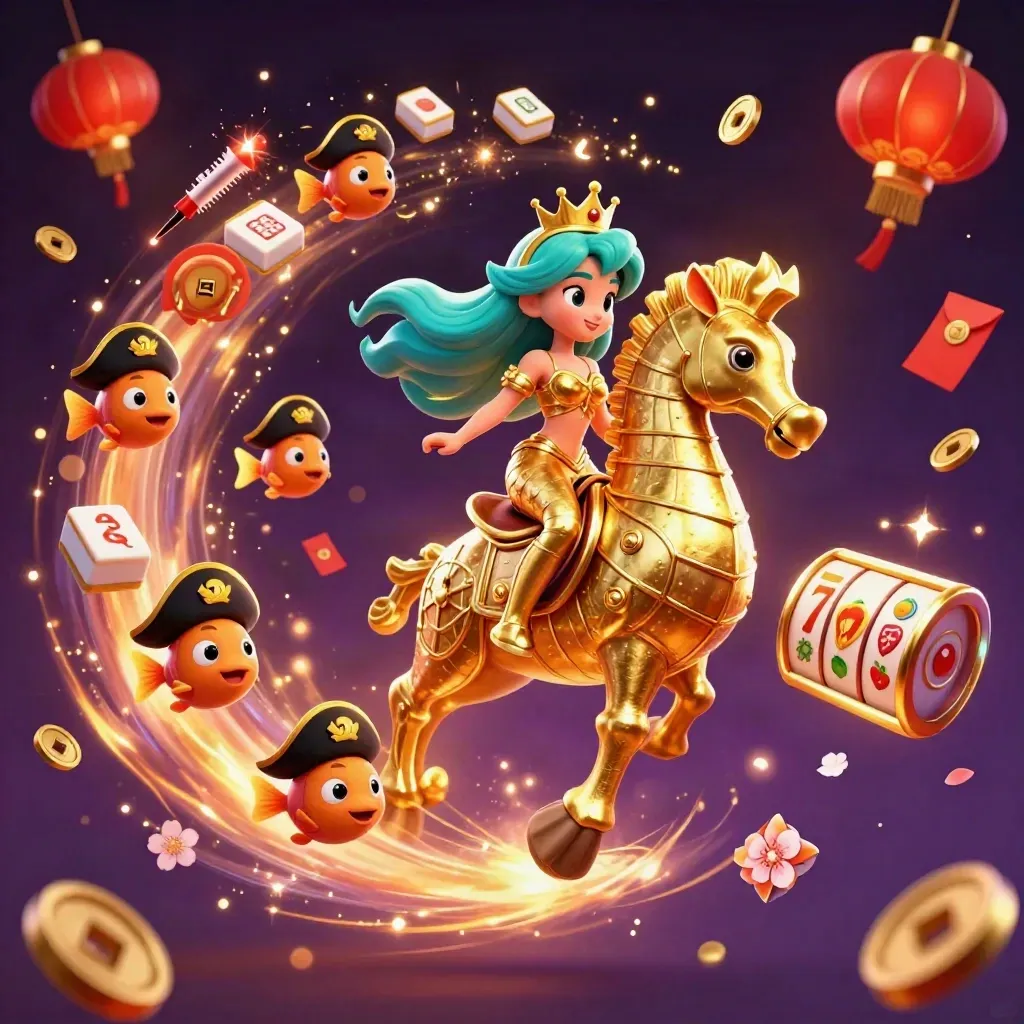 Mermaid princess on armored seahorse, pirate fish, and casino symbols in red-orange neon glow